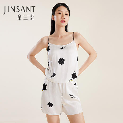 【真丝珍珠缎】100%桑蚕丝女印花时尚不易皱吊带衣裤套春夏金三塔  YSFDB401 商品图0