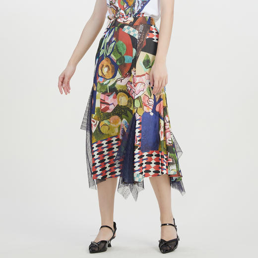 谜底花色半身裙2023夏款复古不规则下摆拼接蕾丝包臀裙232MB0681 商品图3