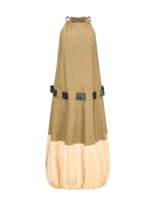 【热气球】领口毛边抽褶大A字下摆花苞拼接长裙/23000009 商品图4