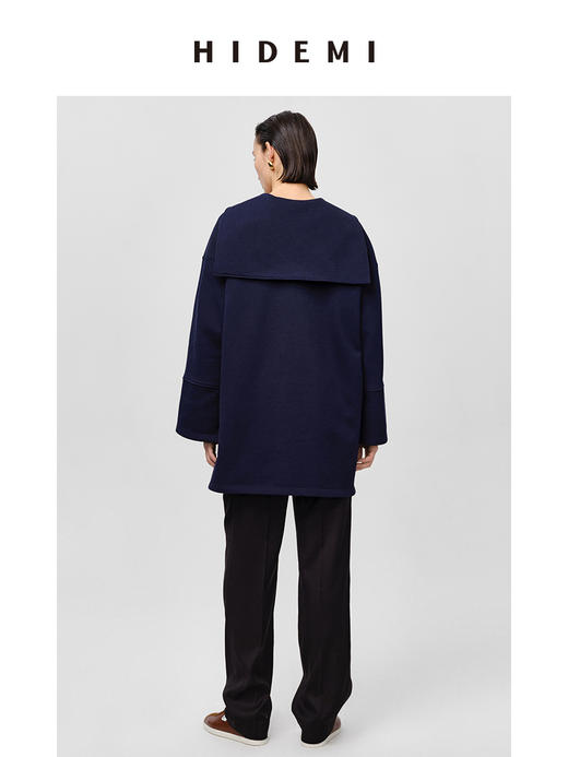 HIDEMI海军领设计感极简大廓形侧开衩加厚自然棉刺绣logo上衣 白色/藏蓝色 商品图9