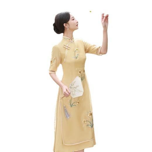 欧根纱奥黛长款旗袍裙，2023春夏新款复古民族风纯色绣花奥黛旗袍裙GX27501 商品图4