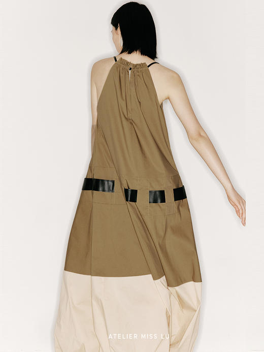 【热气球】领口毛边抽褶大A字下摆花苞拼接长裙/23000009 商品图3