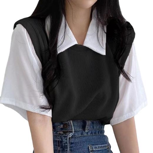 2023夏季polo翻领假两件学院风撞色短袖T恤女宽松休闲百搭上衣ins 商品图4