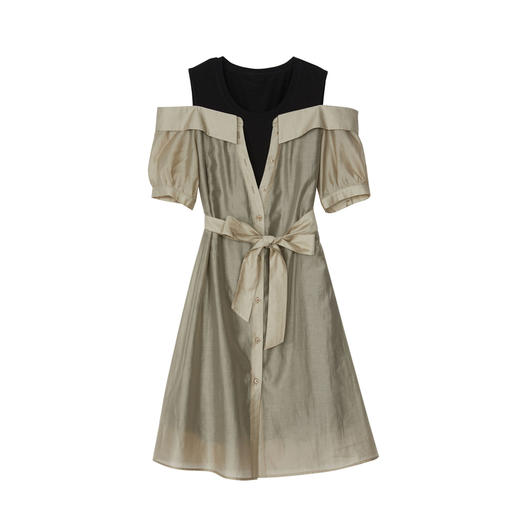 谜底连衣裙2023夏新款时尚通勤圆领拼接中长裙短袖露肩232ML0727 商品图4