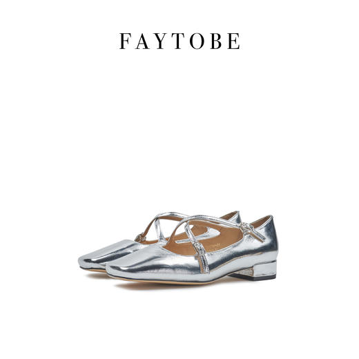faytobe方头银色2023年春夏新款法式百搭粗跟芭蕾浅口单鞋 商品图5