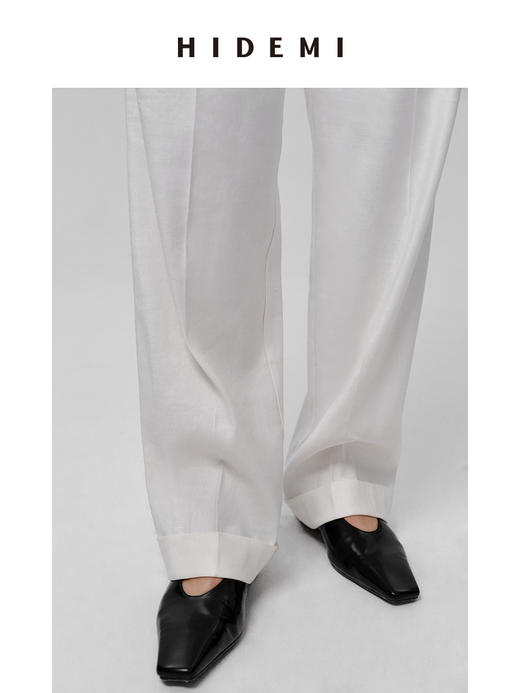 HIDEMI 水洗亚麻极简宽腰带设计感微锥形西裤 白色/米色 商品图6