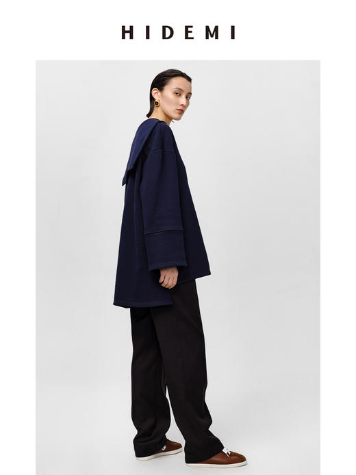 HIDEMI海军领设计感极简大廓形侧开衩加厚自然棉刺绣logo上衣 白色/藏蓝色 商品图10