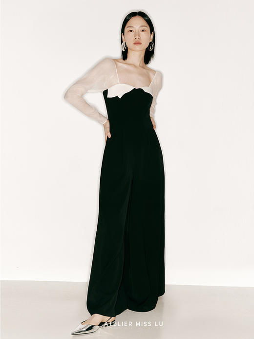 【月光】胸口层次裁片撞色拼纱长袖阔腿连体裤/23000006 商品图1