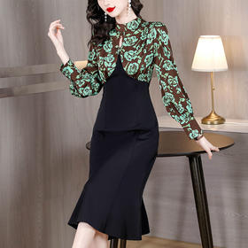 AHMhxyr8023大码印花真丝连衣裙女2023春季新款复古优雅圆领盘扣假两件鱼尾裙