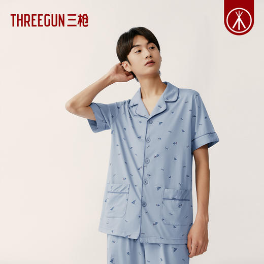 Threegun三枪 【水柔棉】翻领开襟短袖长裤男士家居套家居服-82169D011 商品图0