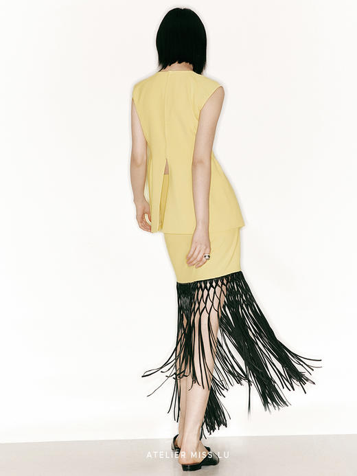 【夏日捕梦网】重工流苏编织环保皮拼接撞色高腰半裙/2300022B 商品图2