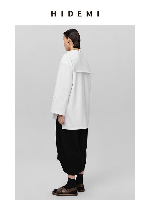 HIDEMI海军领设计感极简大廓形侧开衩加厚自然棉刺绣logo上衣 白色/藏蓝色 商品图3