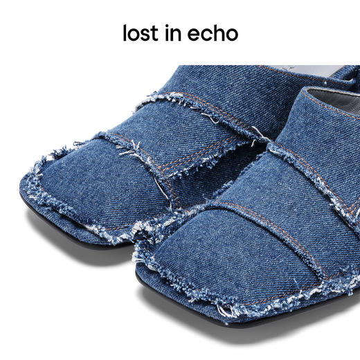 lost in echo设计师品牌胶囊系列缝线拼接方头粗跟牛仔真皮高跟凉拖 商品图4