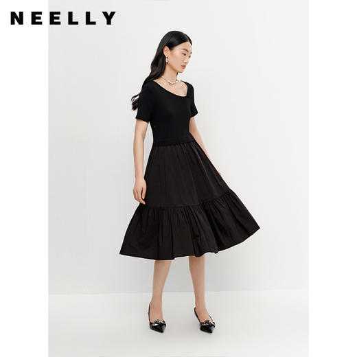 NEELLY纳俪商场同款夏季针织拼接短袖连衣裙女中长款个*摆裙N23041Y01023 商品图1
