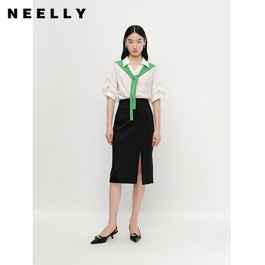 NEELLY纳俪夏季新款高腰半身裙女中长款包臀裙百搭显瘦前开叉裙子N23041E01028 商品图2