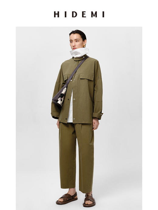 HIDEMI 军绿色双褶中高腰斜纹水洗棉锥型裤 商品图3
