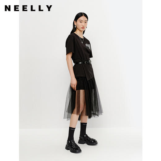 NEELLY纳俪夏季新款黑色圆领T恤女时尚套装不规则纱裙百搭显瘦N23041Z01014 商品图3