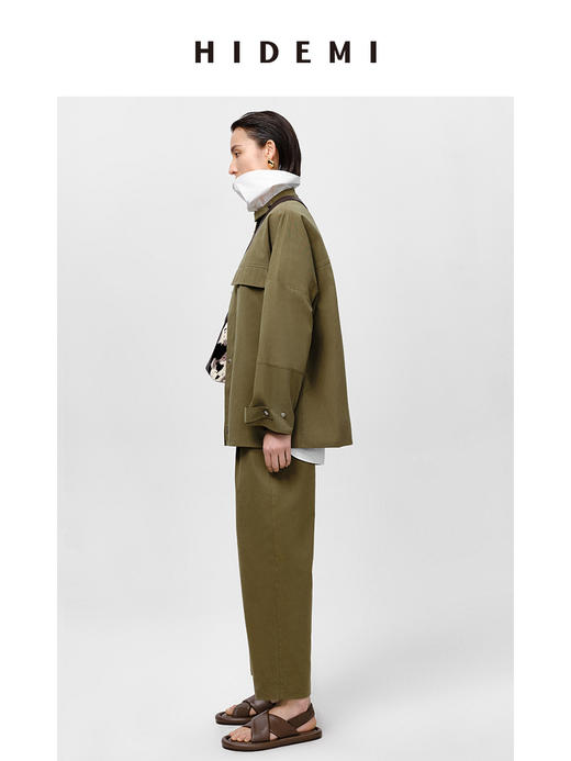 HIDEMI 军绿色双褶中高腰斜纹水洗棉锥型裤 商品图7