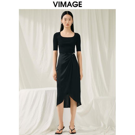 VIMAGE纬漫纪夏季新品高腰纯色显瘦设计小众褶皱半裙V1906528 商品图1