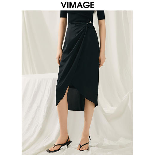 VIMAGE纬漫纪夏季新品高腰纯色显瘦设计小众褶皱半裙V1906528 商品图0