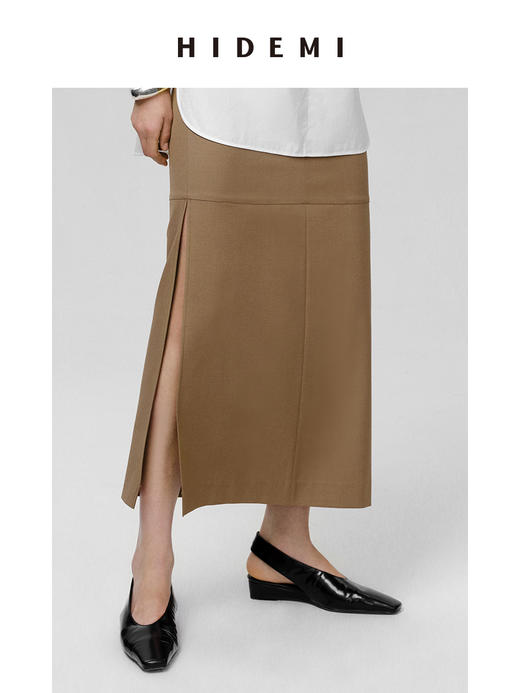 HIDEMI 工装感极简显瘦开衩半身裙 卡其色/碳灰色 商品图0