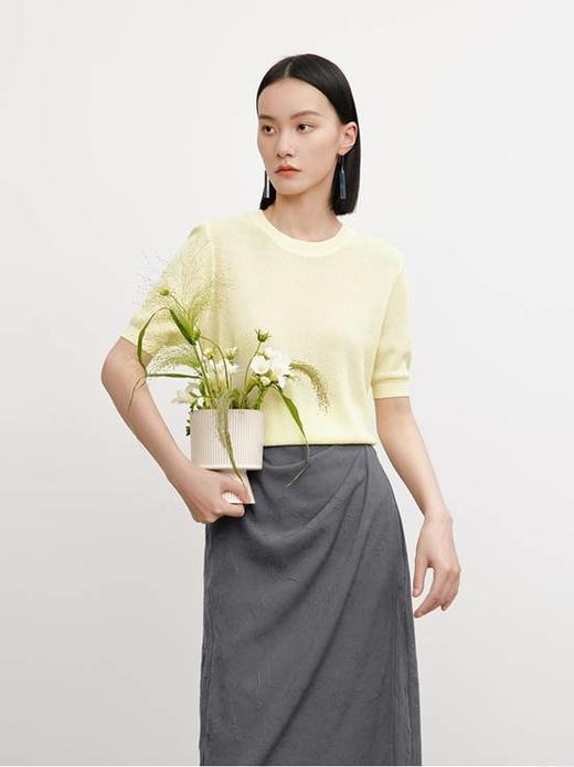 MM麦檬商场同款春装女2023年新款天丝黄色圆领法式T恤女5E3130861 商品图1