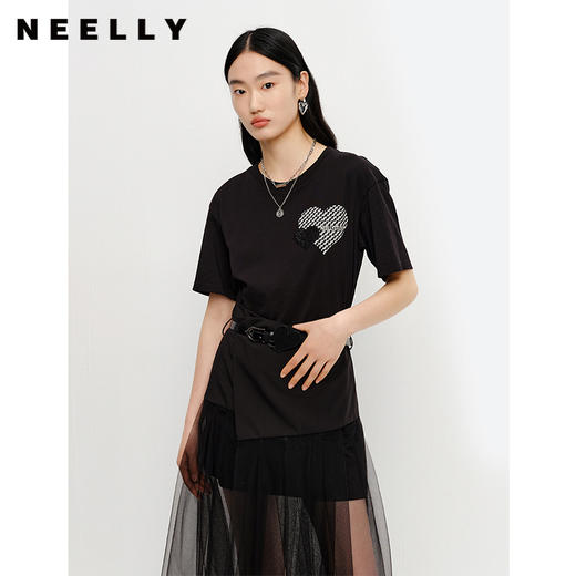 NEELLY纳俪夏季新款黑色圆领T恤女时尚套装不规则纱裙百搭显瘦N23041Z01014 商品图2