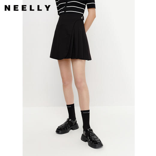 NEELLY纳俪夏季新款高腰半身裙女显瘦百褶裙减龄A字裙短款小个子N23041E01026 商品图0