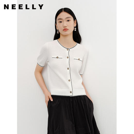 NEELLY纳俪夏季新款短袖圆领单排扣针织开衫女宽松简约气质上衣N23041A01003 商品图0