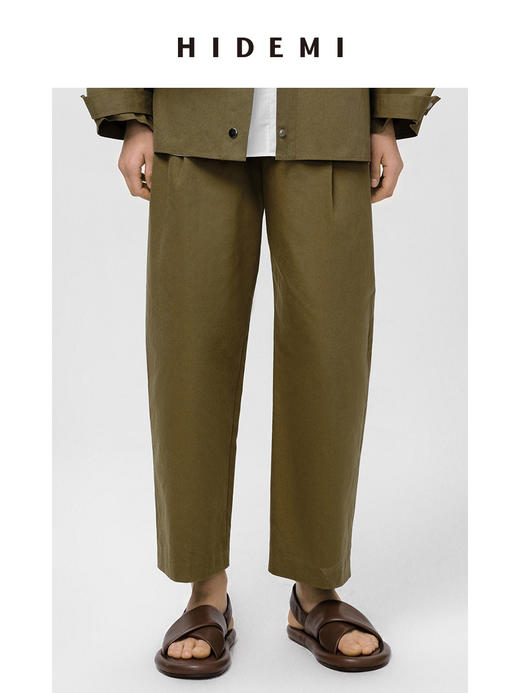 HIDEMI 军绿色双褶中高腰斜纹水洗棉锥型裤 商品图1