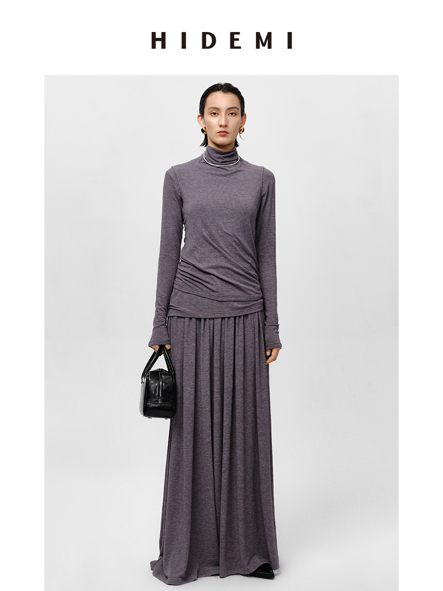 HIDEMI 【董生活同款】云朵系列亲肤柔软薄针织软糯三件套 背心/长袖上衣/百褶半身裙 灰色/巧克力色