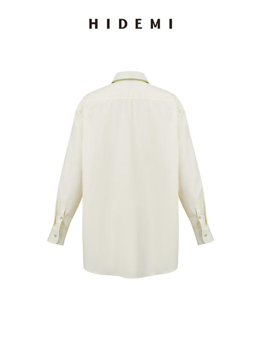 HIDEMI极简设计感白色牛油果绿镶嵌拼色款口袋廓形衬衫 商品图13