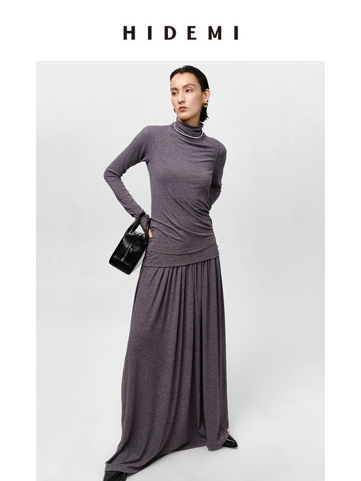 HIDEMI 【董生活同款】云朵系列亲肤柔软薄针织软糯三件套 背心/长袖上衣/百褶半身裙 灰色/巧克力色 商品图11