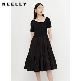 NEELLY纳俪商场同款夏季针织拼接短袖连衣裙女中长款个*摆裙N23041Y01023