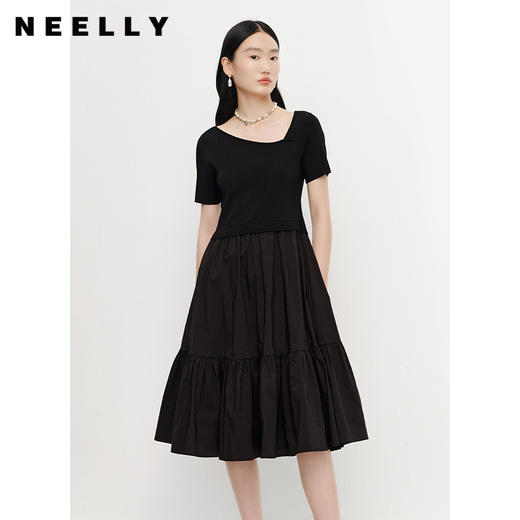 NEELLY纳俪商场同款夏季针织拼接短袖连衣裙女中长款个*摆裙N23041Y01023 商品图0