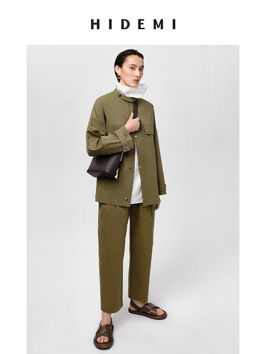HIDEMI 军绿色双褶中高腰斜纹水洗棉锥型裤 商品图5