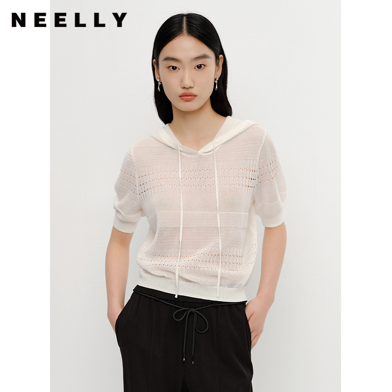 NEELLY纳俪商场同款夏季新款短袖针织衫女套头连帽短款上衣薄款N23041A01006