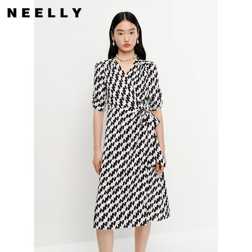 NEELLY纳俪气质连衣裙女中长款短袖系带收腰A字裙夏季新款百搭N23041Y01019 商品图0