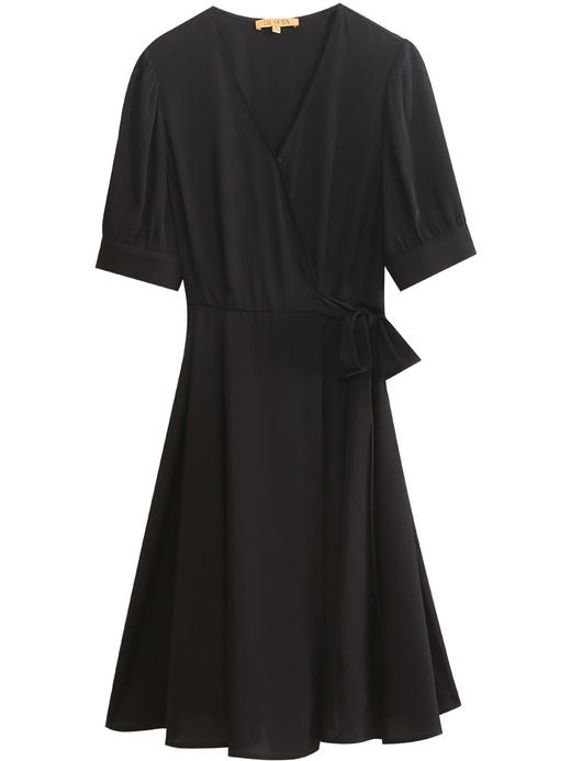 玳莎V领真丝小黑裙2023年夏季新款收腰优雅系带设计感中长款裙子  DB35101 商品图4