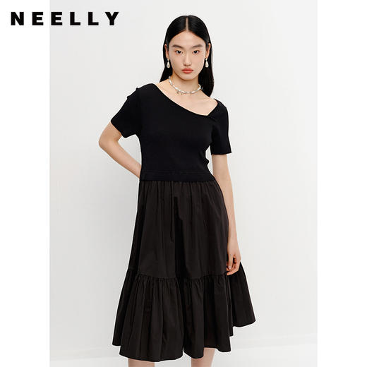 NEELLY纳俪商场同款夏季针织拼接短袖连衣裙女中长款个*摆裙N23041Y01023 商品图2