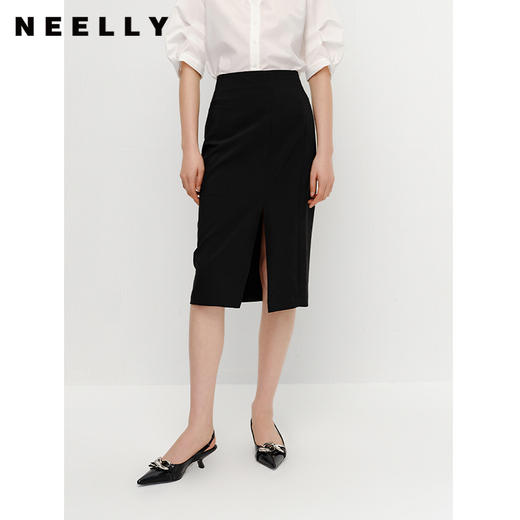 NEELLY纳俪夏季新款高腰半身裙女中长款包臀裙百搭显瘦前开叉裙子N23041E01028 商品图0