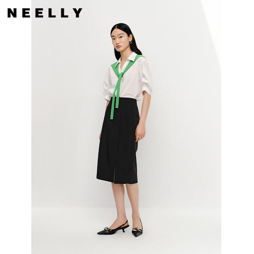 NEELLY纳俪夏季新款高腰半身裙女中长款包臀裙百搭显瘦前开叉裙子N23041E01028 商品图1