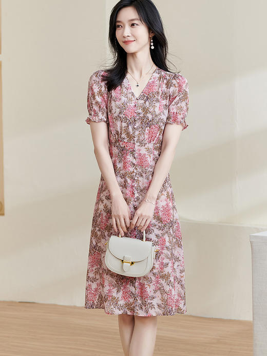 剩S 米思阳2025夏季新款知性优雅粉色碎花连衣裙显瘦短袖V领A字裙1331 商品图3