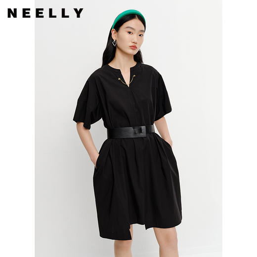 NEELLY纳俪气质V领连衣裙女系带收腰A字裙中长款薄款套头裙子时尚N23041Y01021 商品图0