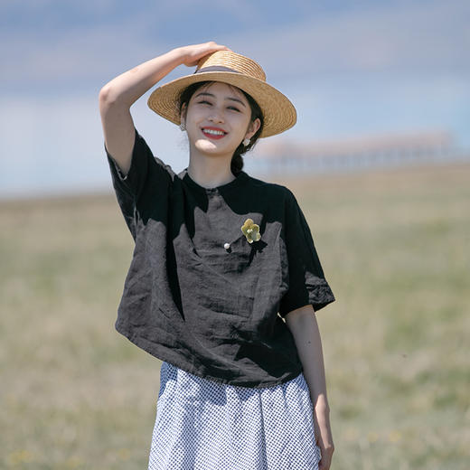 绽放346-595朵春季新款复古黑色立领短袖亚麻衬衫T恤文艺小衫上衣 商品图0