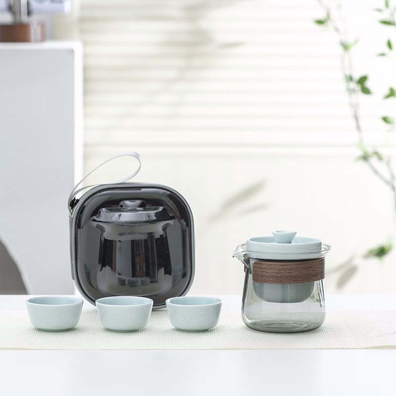 兰台觅境快客便携 旅行快客 小套办公 陶瓷 茶具茶杯快客杯茶具  天青色 快客杯套装