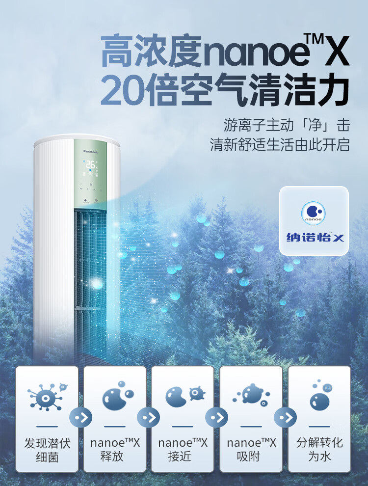 松下空调3匹新一级能效变频冷暖圆柱柜机 20倍纳诺怡净化空气 自清洁客厅立式空调 JM72F310G白绿色/JM72F310N香槟金