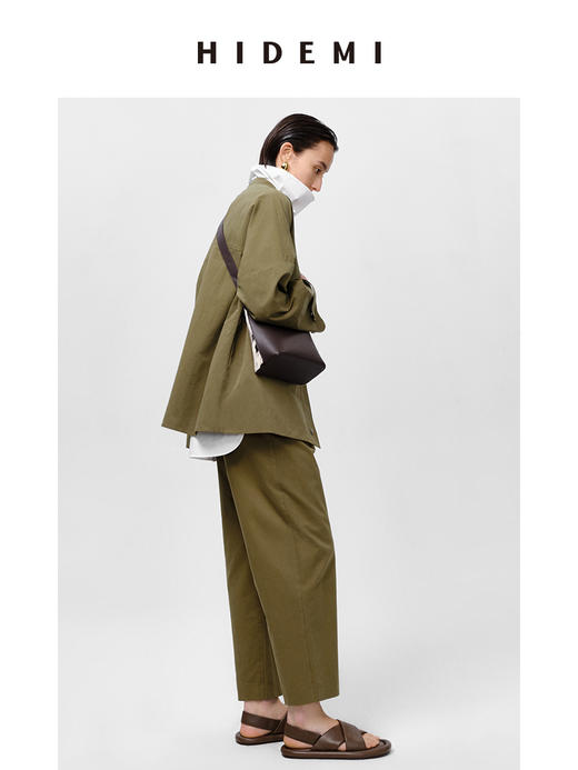 HIDEMI 军绿色双褶中高腰斜纹水洗棉锥型裤 商品图6