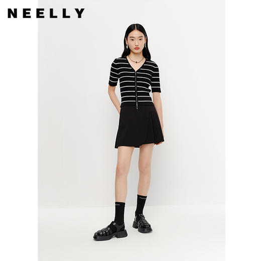 NEELLY纳俪夏季新款高腰半身裙女显瘦百褶裙减龄A字裙短款小个子N23041E01026 商品图1