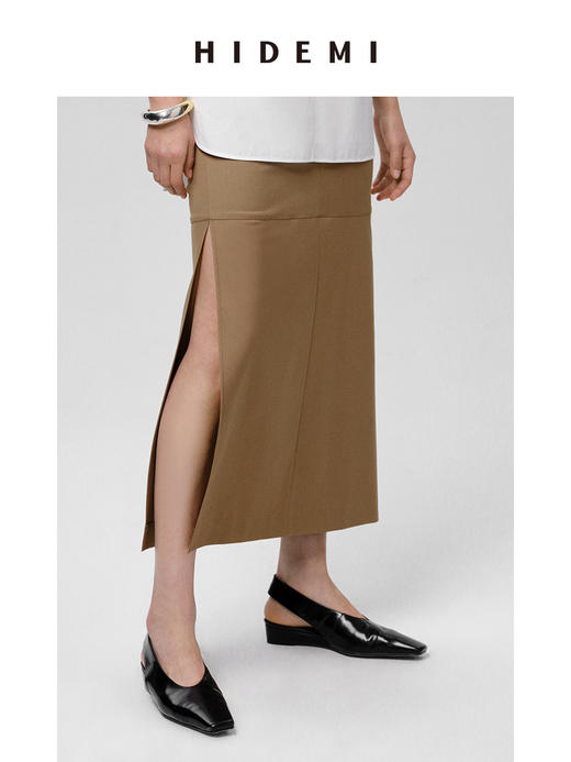 HIDEMI 工装感极简显瘦开衩半身裙 卡其色/碳灰色 商品图3